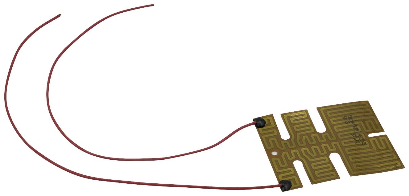 Een flexibele verwarmingsfilm met twee rode draden, verbonden met een testkaart. Geschikt voor elektronische verwarmingstoepassingen.