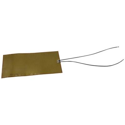 Een rechthoekig, flexibel verwarmingselement met lange, aangesloten draden voor stroomtoevoer.