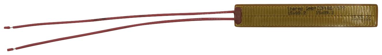 Flexibele verwarmingsstrip met twee rode aansluitdraden, geschikt voor gelijkmatige warmteverdeling.
