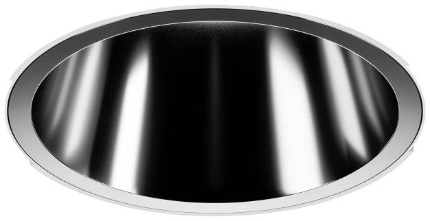 Een halfronde, glanzende metaaloppervlakte die als een reflector in een witte lijst verschijnt.