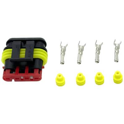 Stekkerkit met zwarte en rode stekkers, gele afdichtingen en vier metalen pinnen, geschikt voor kabelverbindingen in voertuigen.