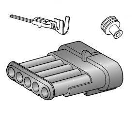 Technische tekening van een connector met meerdere aansluitingen en een aparte contactpen.