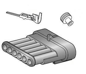 Illustratie van een multipolaire connector en een beschermende afsluiting, waarschijnlijk onderdeel van een elektrische installatiekit.