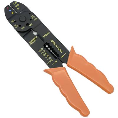 Een striptang met zwarte metalen bekken en oranje handgrepen. Op de bekken zijn gele markeringen en cijfers zichtbaar.