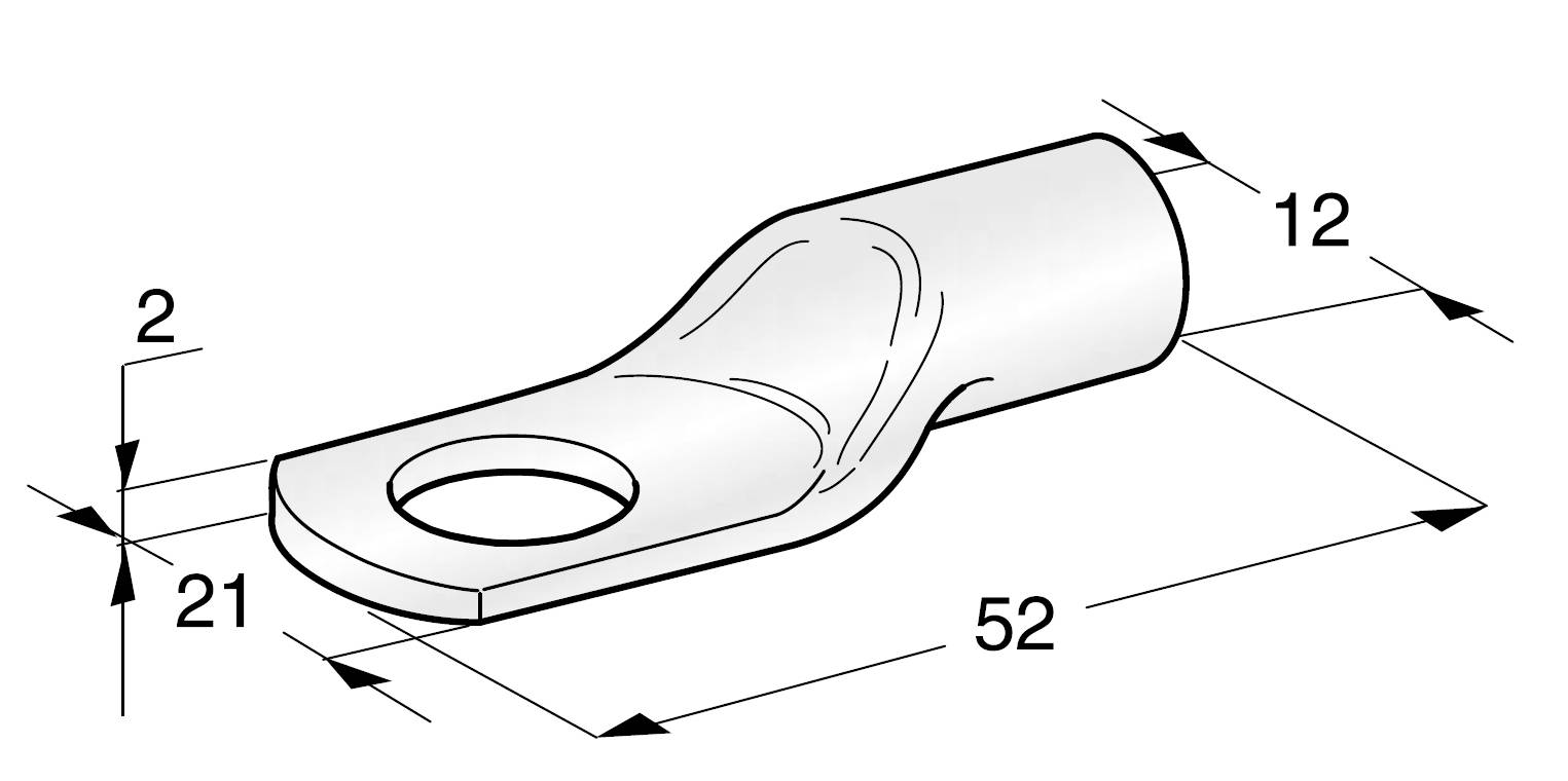 Technische tekening van een kabelschoen met de afmetingen: lengte 52 mm, diameter van het gat 12 mm, breedte 21 mm, hoogte 2 mm.