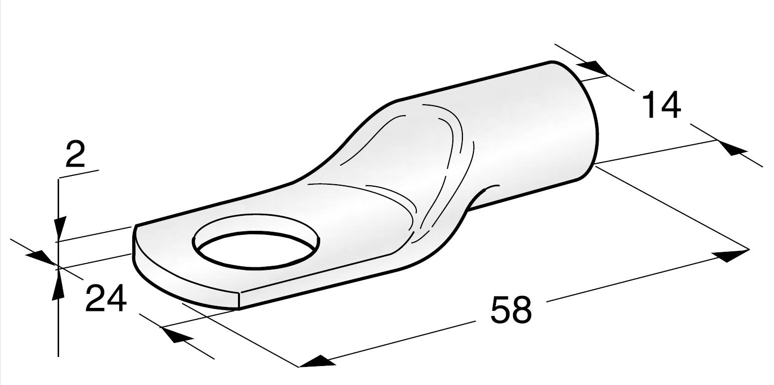 Technische tekening van een kabelschoen met afmetingen: totale lengte 58 mm, breedte 24 mm, dikte 2 mm, opening 14 mm diameter.