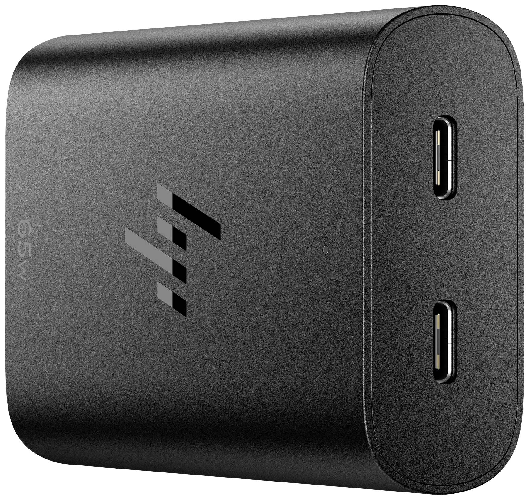 Een zwarte USB-C-oplader met twee poorten en een logo aan de zijkant. Geschikt voor snel opladen van apparaten.