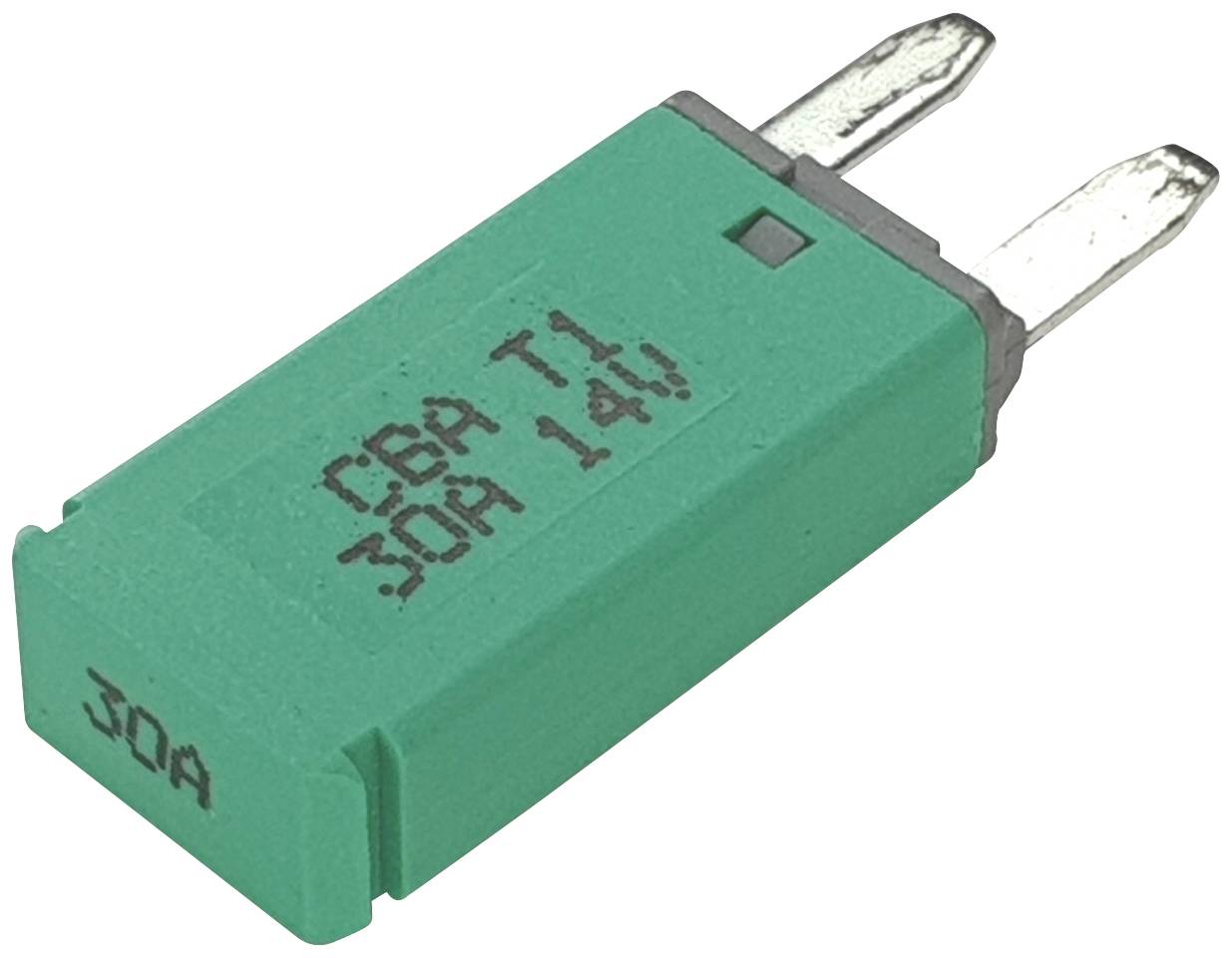 Groene auto-veiligheidsbox met twee metalen contacten, gemarkeerd met '30A T1 30A 14V', voor 30-ampère stroomcircuits.
