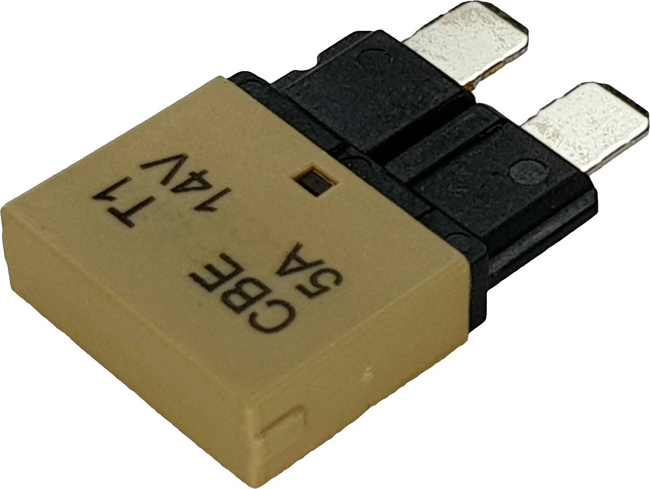Geel plat voertuigzekeringselement met zwarte handgreep, toont 'CBE 5A 14V T1'.