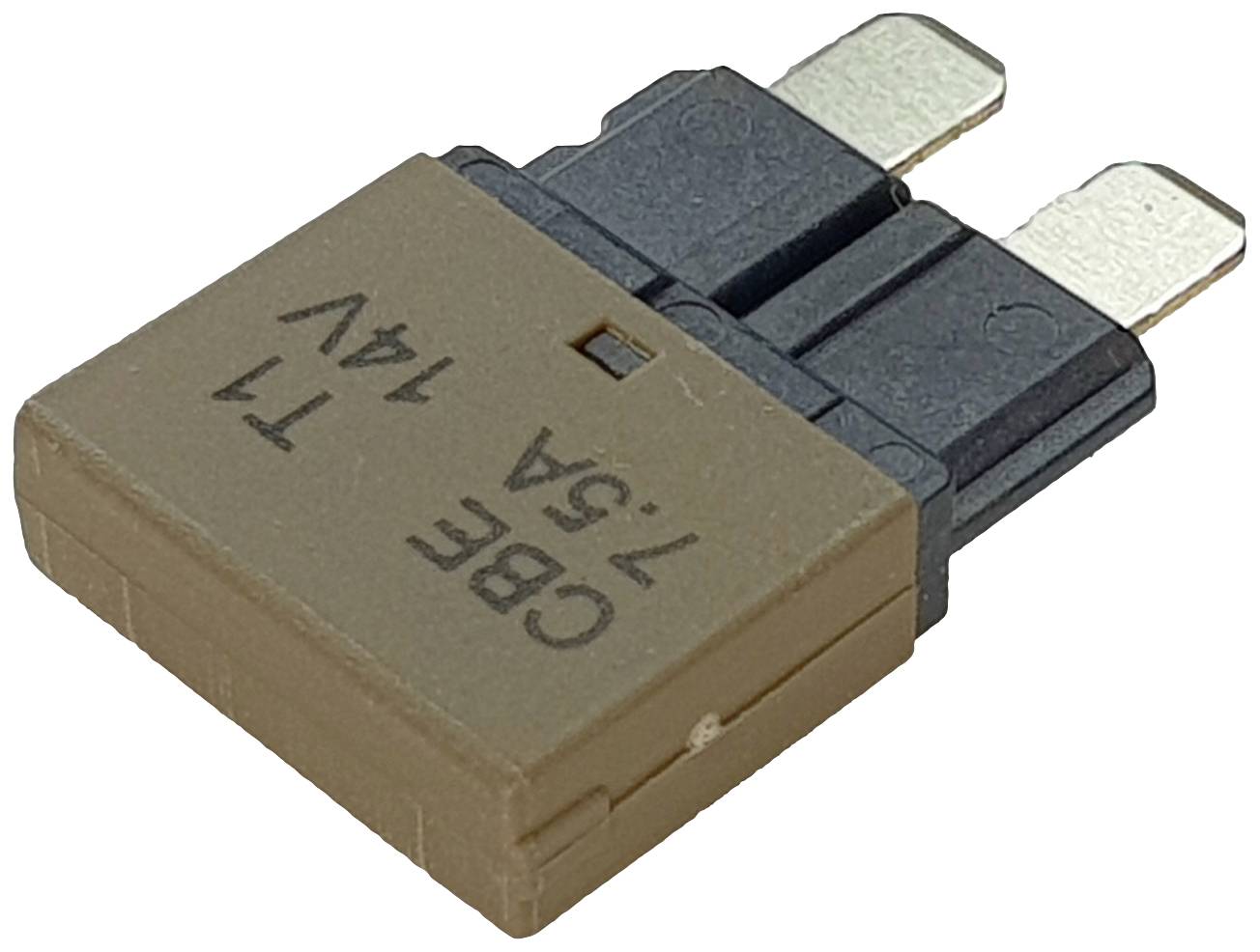 Een bruine zekeringautomaat met de opdruk '7.5A 14V CBE'.