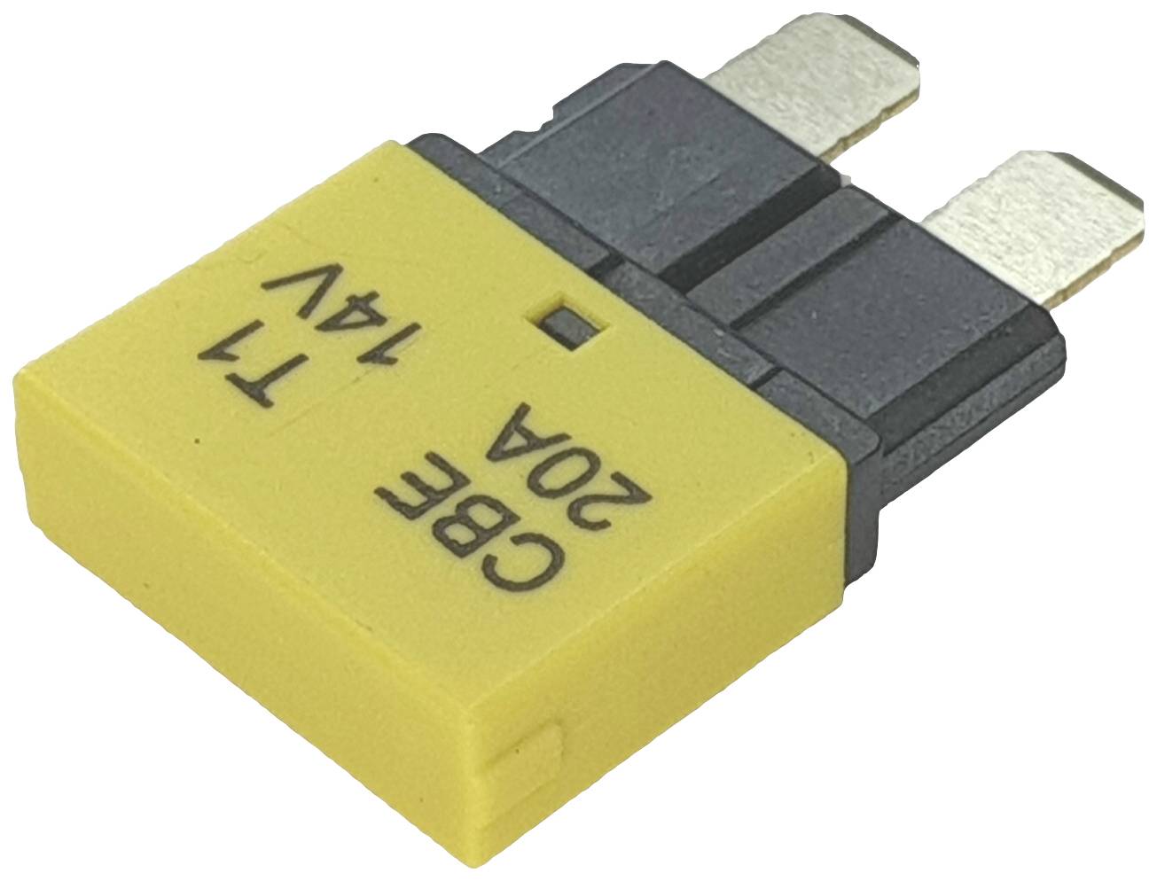 Een gele 20A zekeringhouder voor voertuigen met twee metalen contacten, gemarkeerd met 'CBE 20A 14V'.