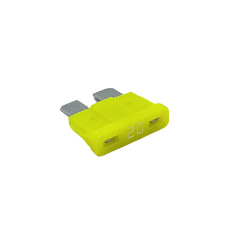 Gele zekering met opschrift '20', die wordt gebruikt voor de bescherming van elektronische componenten in voertuigen.