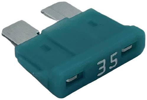 Groene vlakke zekering met opschrift '35', twee metalen contactpunten zichtbaar, waarschijnlijk voor automotive toepassingen.