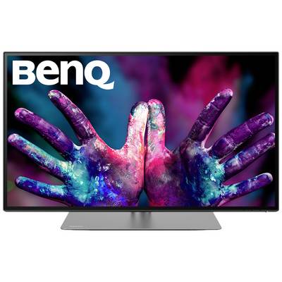 Een scherm toont twee handen die beschilderd zijn met bonte kleuren. Linksboven staat 'BenQ'.