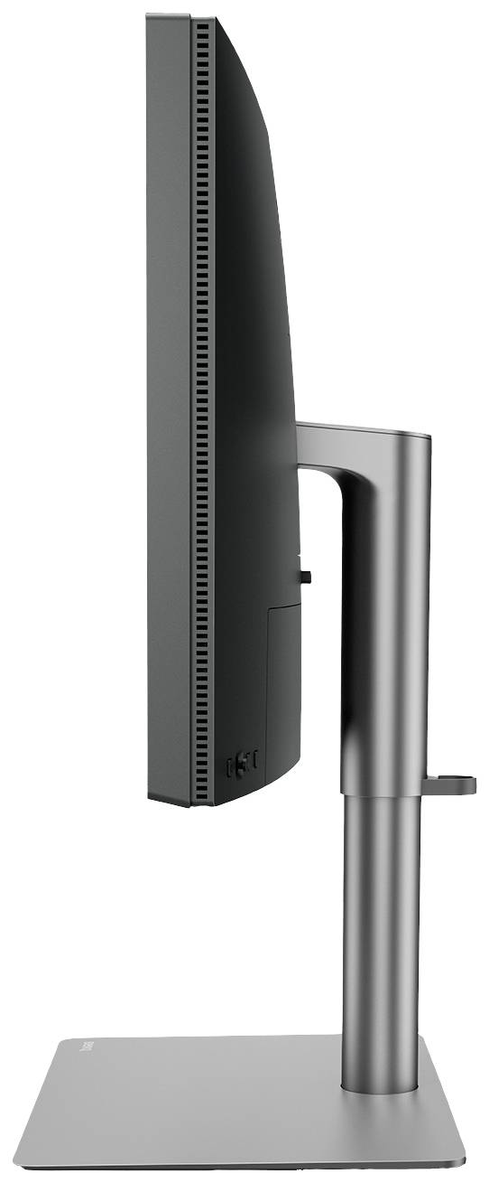 Een zijaanzicht van een slanke computermonitor met verstelbare standaard en rechthoekige voet.