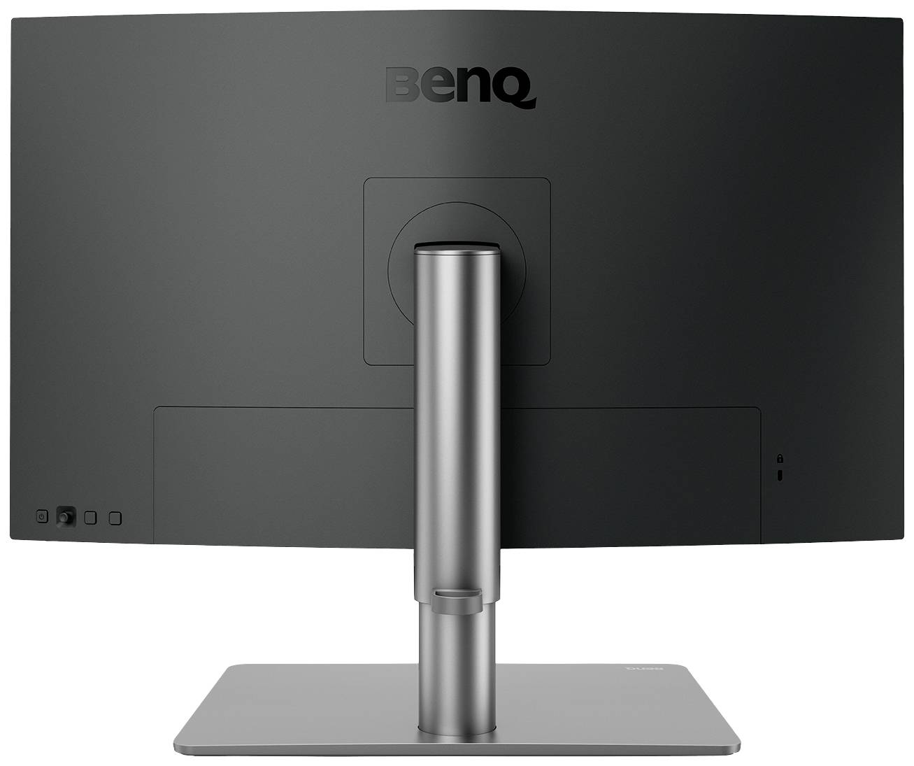 'Achteraanzicht van een BenQ-monitor met gebogen scherm en zilveren standaard, geschikt voor professionele werkomgevingen.'