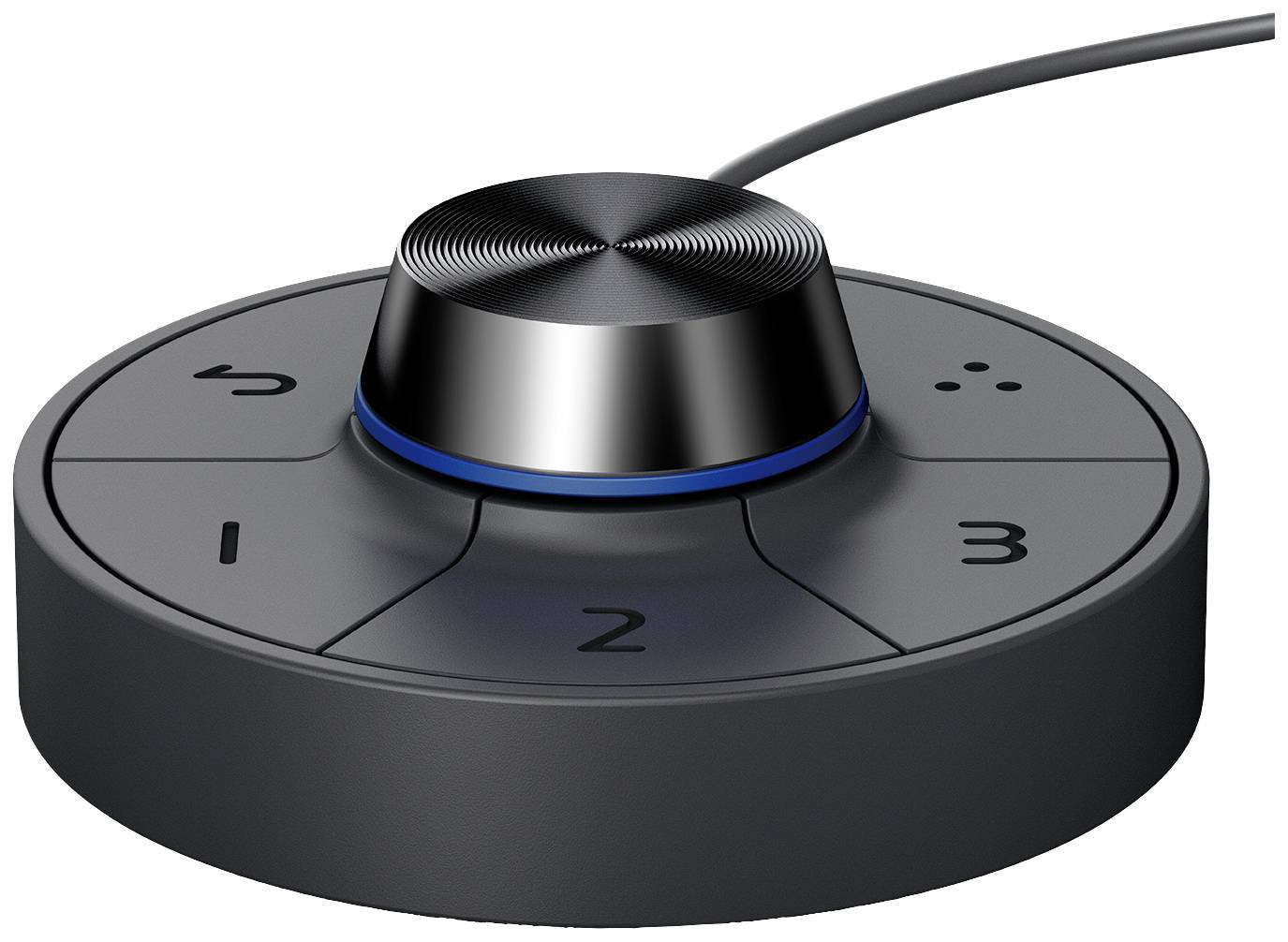 Een zwarte, ronde draaiknop met vier gelabelde toetsen (1 tot 3 en Terug) en een kabel. Hij wordt gebruikt voor het bedienen van functies.