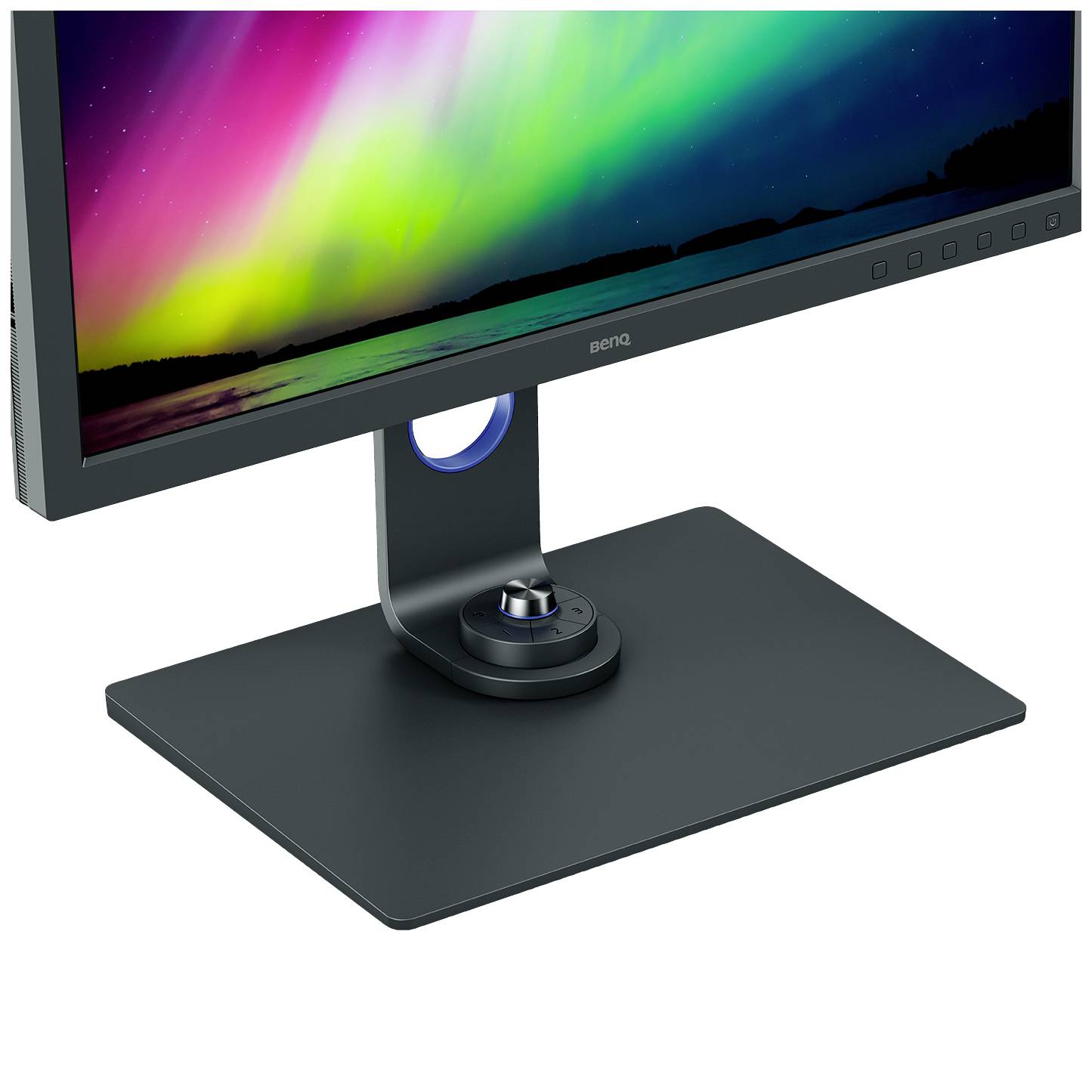 Een computerscherm met een kleurrijke, abstracte achtergrond.Bol voetstuk en dun frame, fabrikemtslogo zichtbaar.