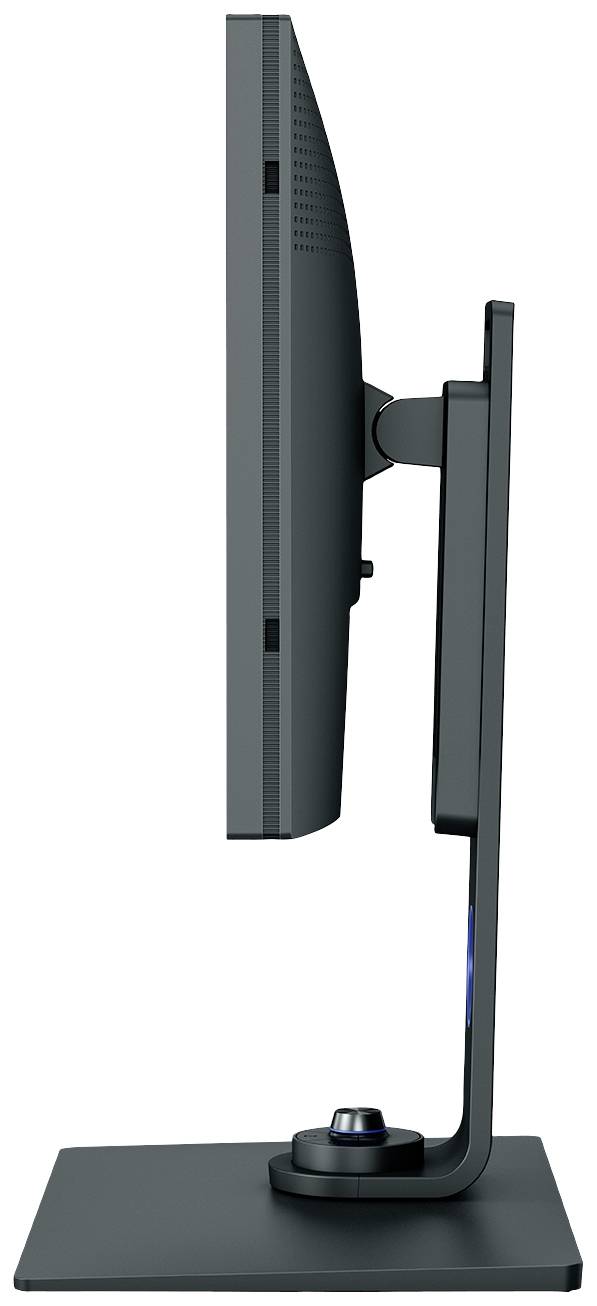 Zijaanzicht van een zwarte computermonitor op een kantelbare standaard.