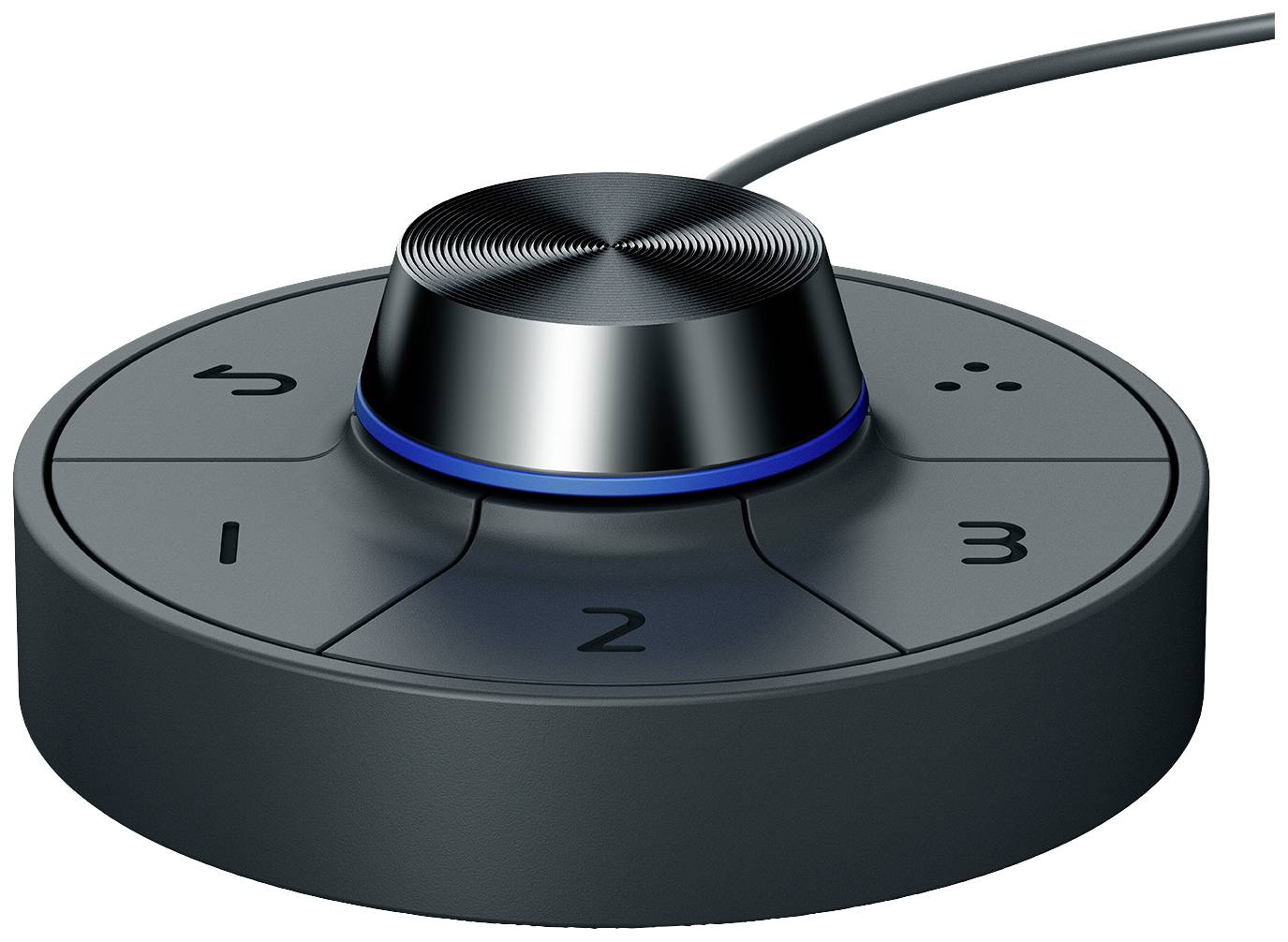 Een ronde draaiknop met toetsen 1, 2, 3, omgeven door een blauwe LED-lichtstrip, verbonden met een kabel, waarschijnlijk een audioapparaat.