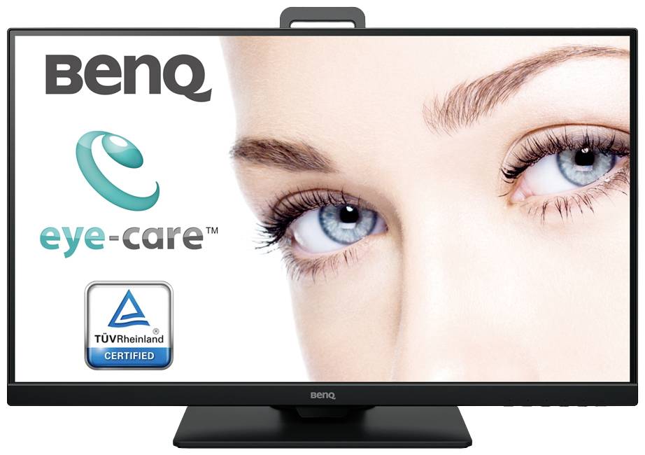 Monitor met close-up van een gezicht, met de nadruk op blauwgroene ogen. Merklogo en 'oogzorg' tekst. TÜV Rheinland-certificering afgebeeld.