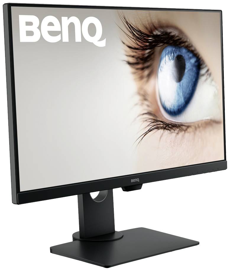 Een BenQ-monitor toont een groot, gedetailleerd beeld van een blauw oog op het scherm.