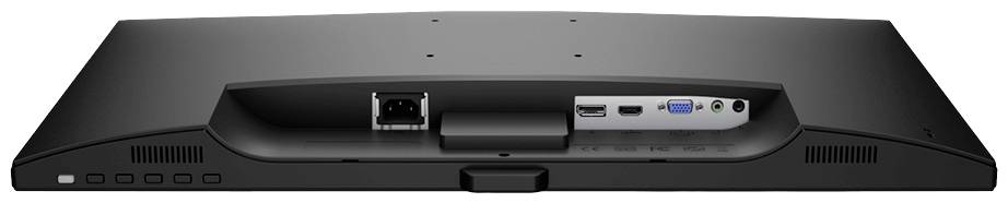 Achterkant van een computermonitor met verschillende aansluitingen: HDMI, VGA, USB en stroomaansluiting.