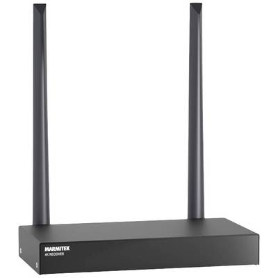 Een zwarte 4K-ontvanger van het merk Marmitek met twee verticaal geplaatste antennes.