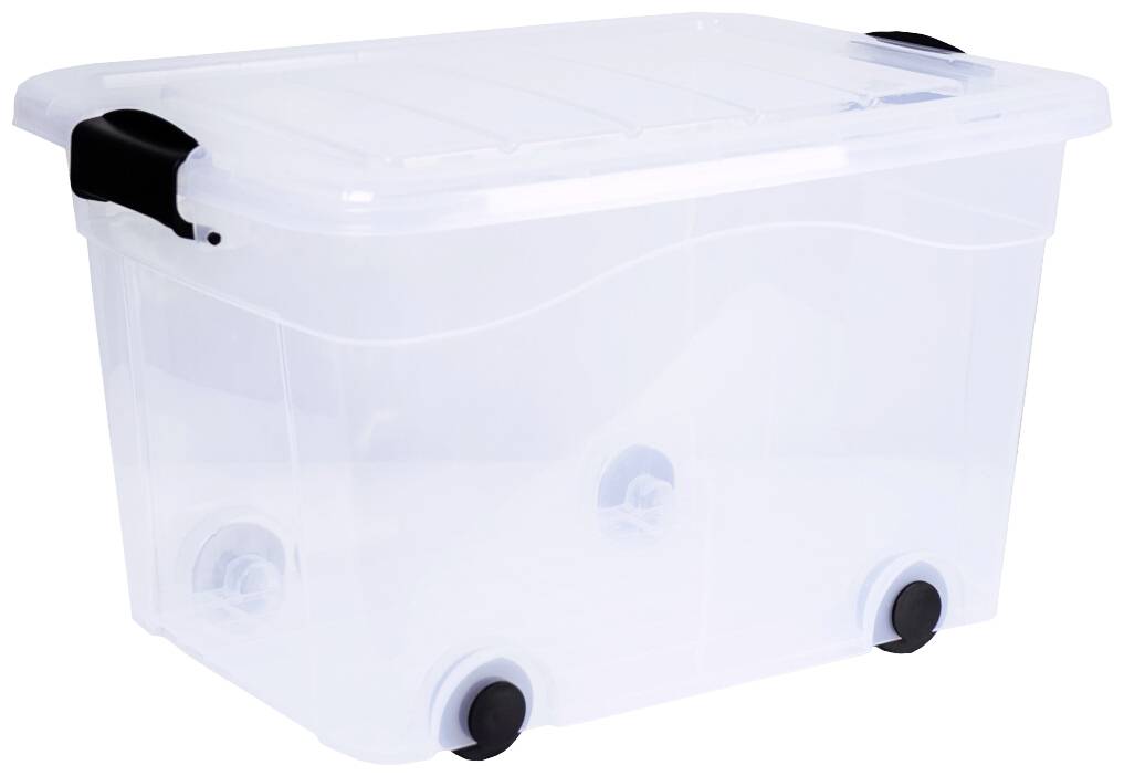 Transparante opbergdoos van kunststof met wielen en zwarte handgrepen aan de zijkanten. Ideaal voor flexibele opbergruimte.