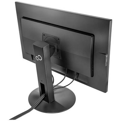 Een zwarte computermonitor van achteren, gemonteerd op een standaard, met zichtbare kabelaansluitingen en een bedrijfslogo op de voet.