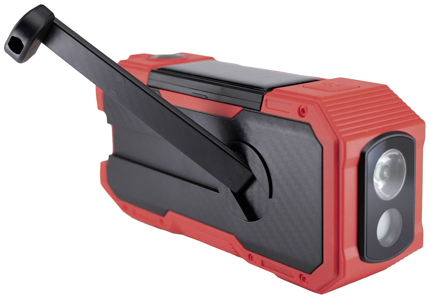 Rood, draagbaar noodradio met slinger, zonnepaneel en zaklamp. Geschikt voor buitenactiviteiten en noodsituaties.