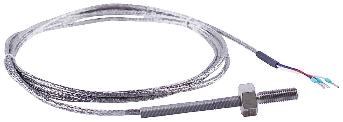 Een metalen temperatuursensor met lange kabels en blootliggende draadeinden, geschikt voor industriële toepassingen.