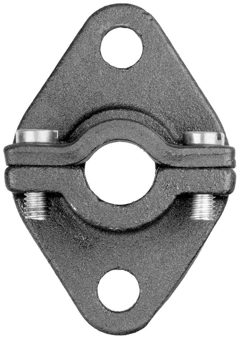 Een zwart metalen verbindingselement met een ovale vorm en drie bevestigingsgaten. Het heeft een centrale bevestigingsopening.