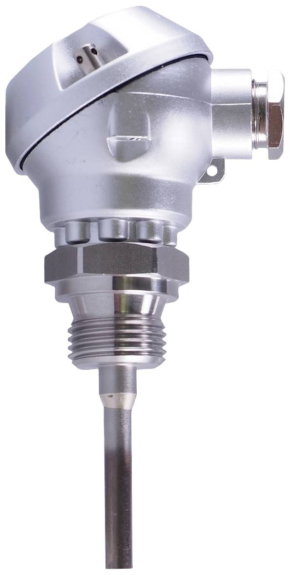 Een industriële temperatuursensor met metalen behuizing en schroefdraad, geschikt voor nauwkeurige temperatuurmetingen in technische omgevingen.