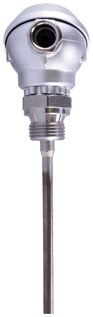 Een industriële temperatuursensor met metalen behuizing en een lange voeler, typisch gebruikt voor metingen in industriële processen.