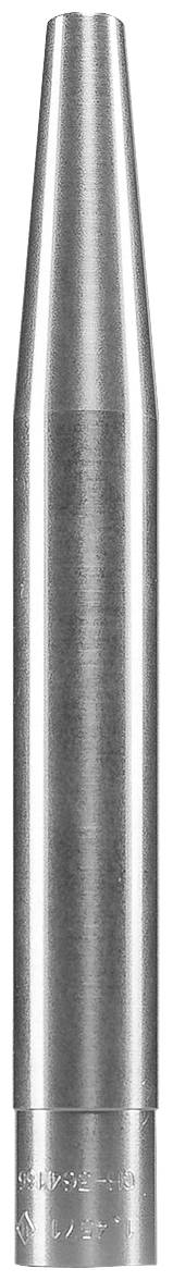 Zilveren cilindrische metalen pen met taps toelopend uiteinde, verticaal gepositioneerd.