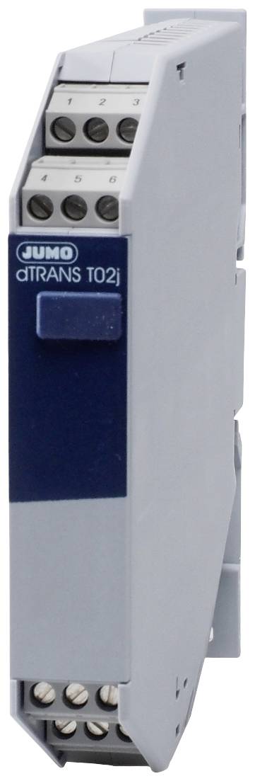 Een grijze elektronische module met het opschrift 'JUMO dTRANS T02j' op een blauw etiket, toont aansluitpunten boven en onder.