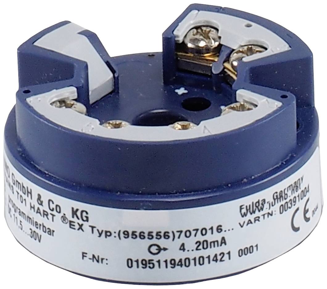 Een ronde elektrische sensor met blauwe en zilveren opschriften toont technische specificaties en aansluitingen.