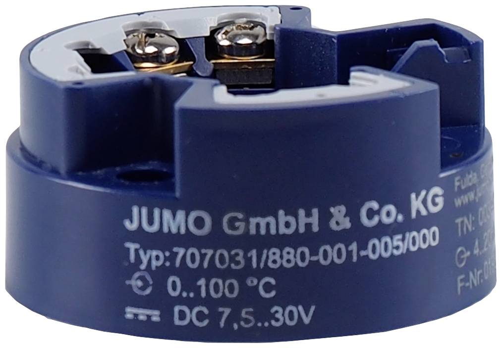 Temperatuurtransmitter van JUMO GmbH & Co. KG, type 707031/880-001-005/000, meetbereik 0–100 °C, werking met DC 7,5–30 V.