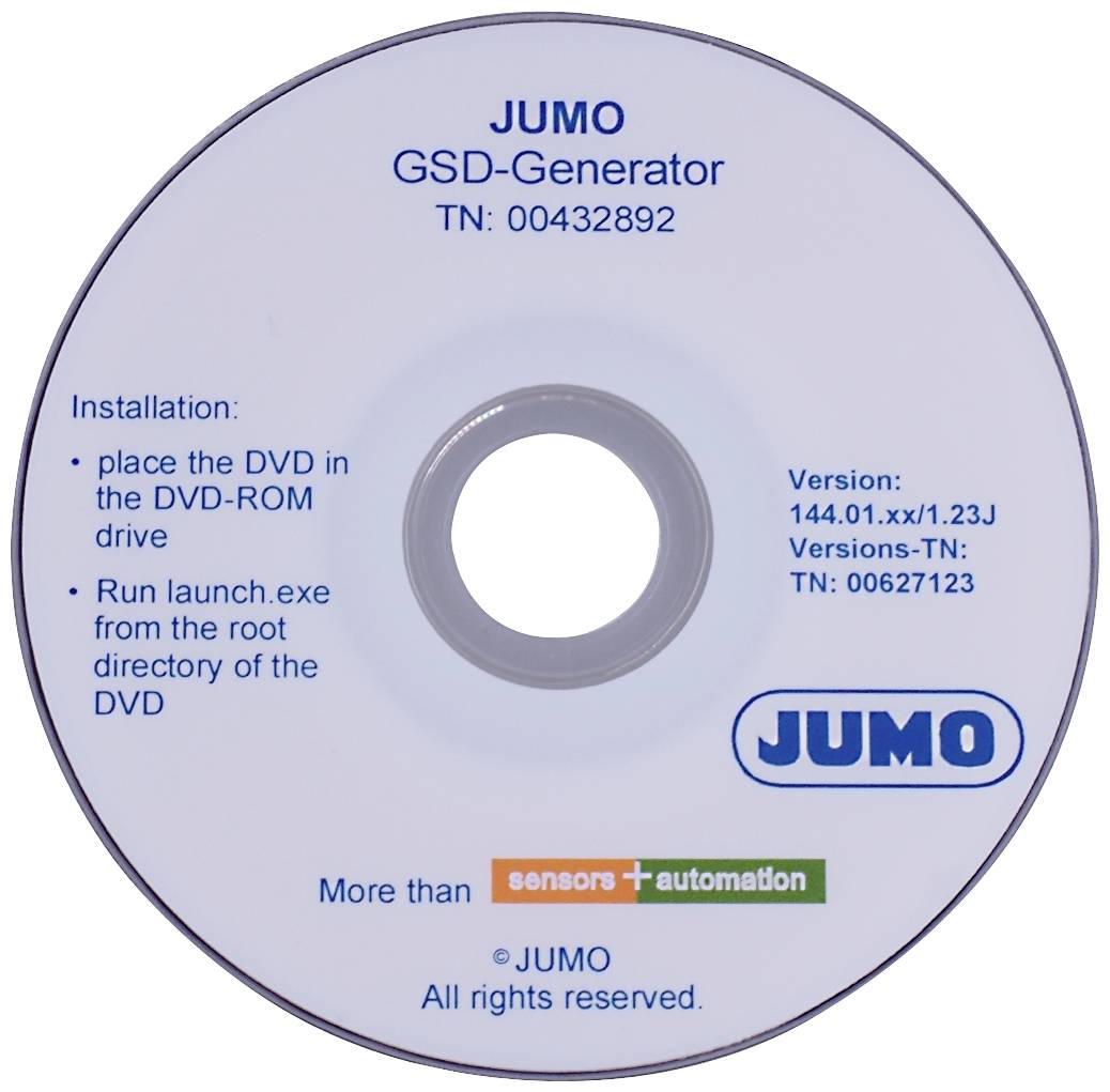 Een witte dvd met de opdruk 'JUMO GSD-Generator', bevat installatie-instructies en contact- en gedetailleerde informatie.