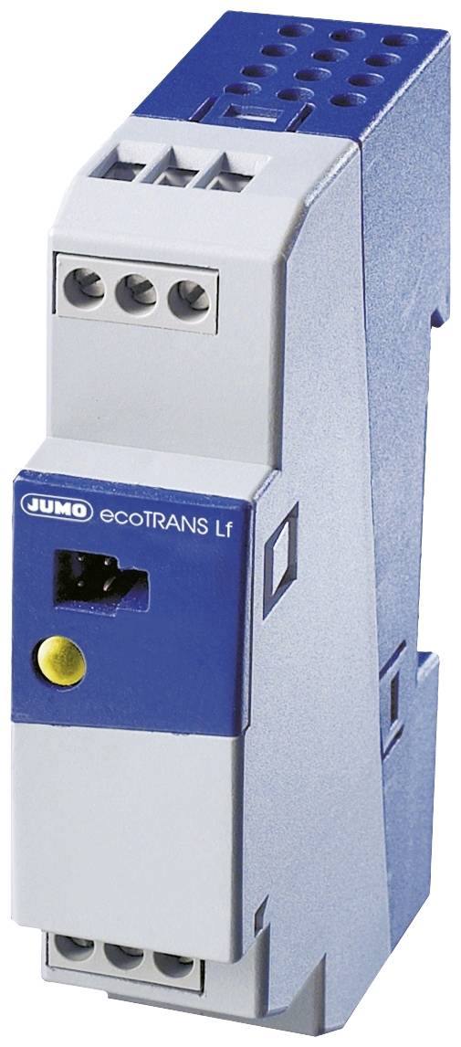 De afbeelding toont een blauw-grijs JUMO ecoTRANS Lf-module. Het heeft meerdere aansluitingen bovenaan, een schakelaar aan de voorkant en een stekker aan de zijkant.
