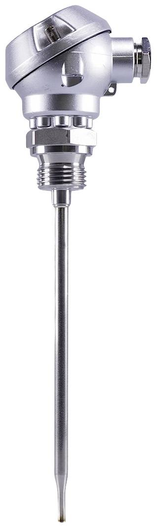 Een metaal-temperatuursensor met een lange staaf en aansluitbehuizing bovenaan. Geschikt voor industriële toepassingen.
