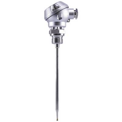 Een metaal-temperatuursensor met een lange staaf en aansluitbehuizing bovenaan. Geschikt voor industriële toepassingen.