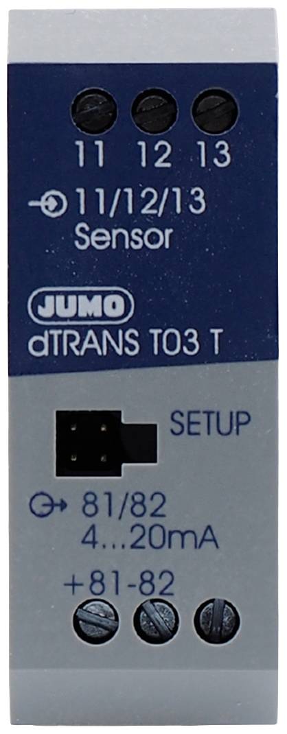 Elektronisch apparaat genaamd 'JUMO dTRANS T03 T'. Bovenaan zijn aansluitingen 11, 12, 13 gemarkeerd voor een sensor. Onderaan aansluiting voor 4...20mA.