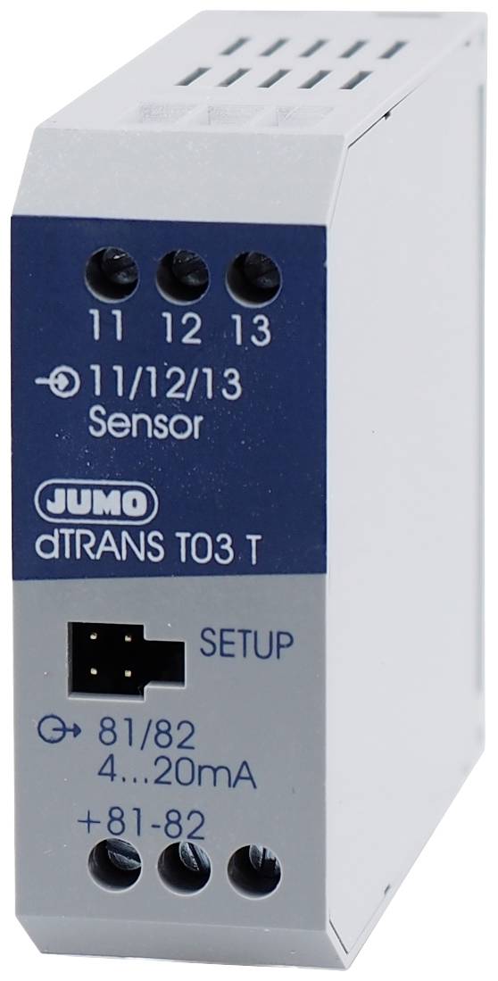Een meetomvormer van het merk JUMO, model dTRANS T03 T, voor het aansluiten van sensoren, toont aansluitingen met de aanduidingen 11, 12, 13.