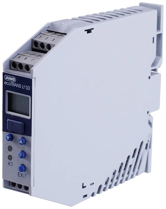 Industrieel elektronisch apparaat met display en blauwe toetsen, gelabeld met 'ecoTRANS Lf 03', voor procesbesturing en -meting.