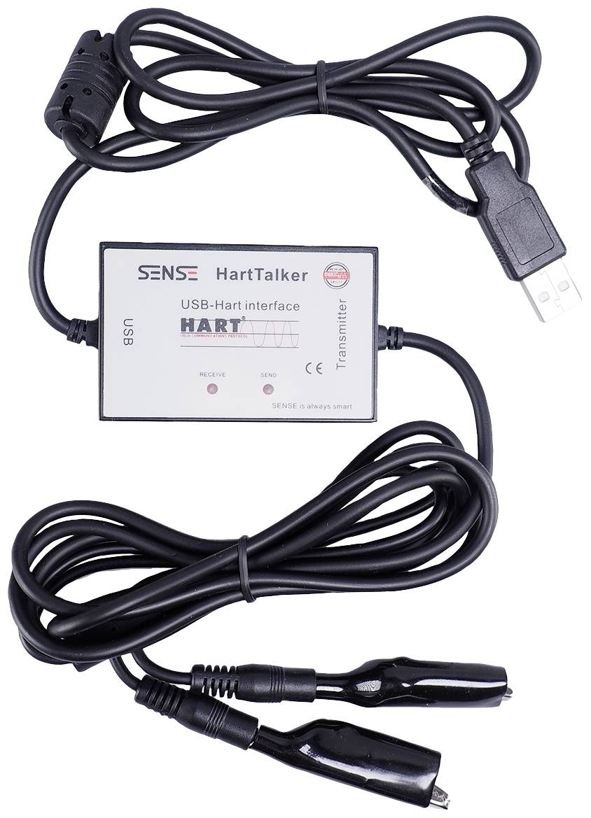 USB-HART-interfaceapparaat met verbindingskabels, zwart design. Boven een USB-aansluiting, onder twee aansluitklemmen voor meetapparatuur.