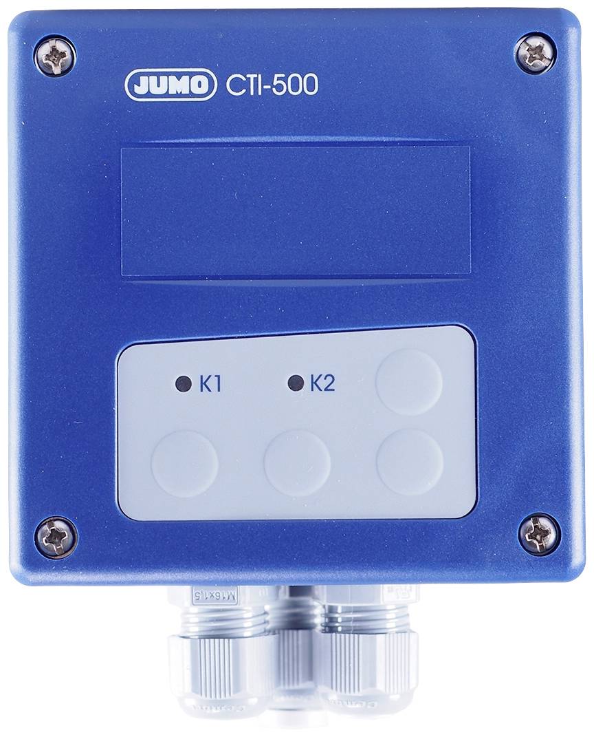 Een blauw apparaat met het opschrift 'JUMO CTI-500', met twee controlelampjes 'K1' en 'K2' op een grijze oppervlakte.