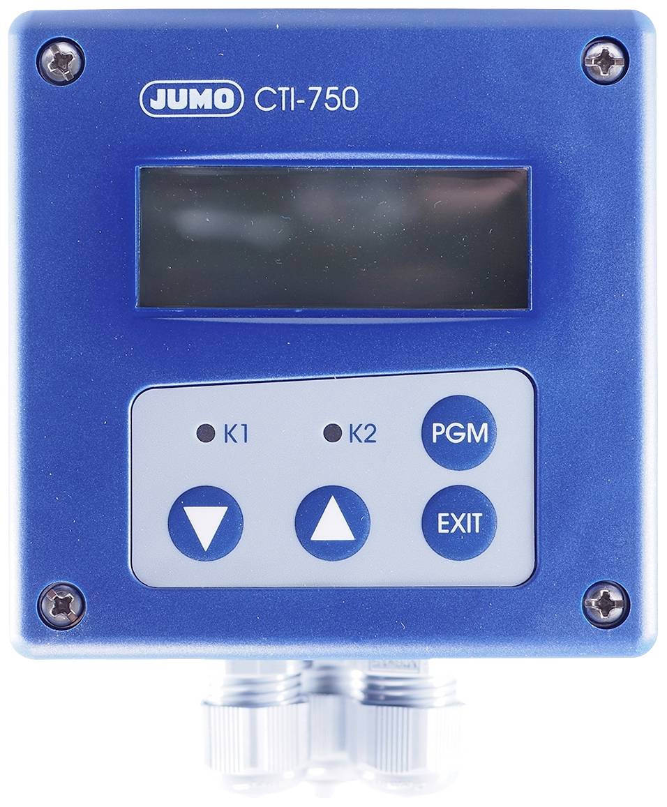 Een blauw elektronisch meetapparaat met een display en vier toetsen: 'K1', 'K2', 'PGM' en 'EXIT'. Bovenaan staat 'JUMO CTI-750'.