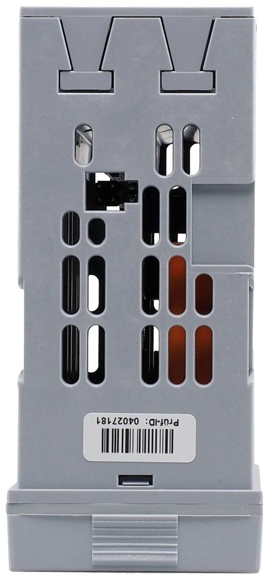 Achterkant van een grijs elektronisch apparaat met ventilatiesleuven en een streepjescode, geschikt voor industriële toepassingen.